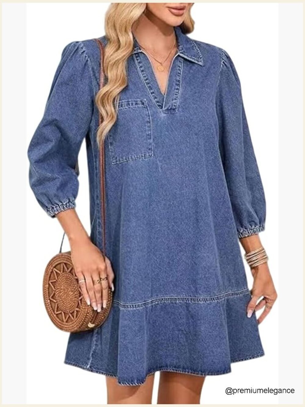 V Neck Babydoll Mini Dress with Puff Sleeves, Ruffle Hem Denim Shift Dress